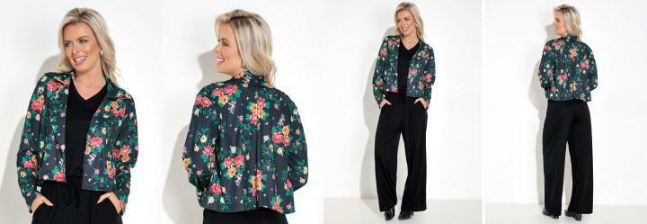 Blazer Floral Preto com Gola e Mangas Longas