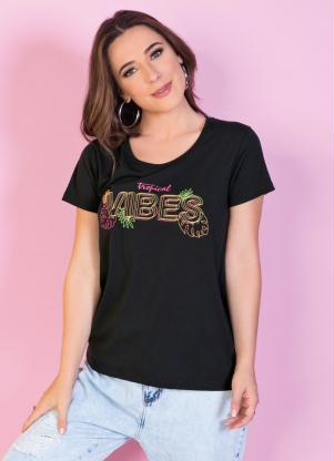 T-Shirt (Preta) com Bordado Vibes Neon