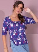 Blusa Floral Marinho com Decote Quadrado