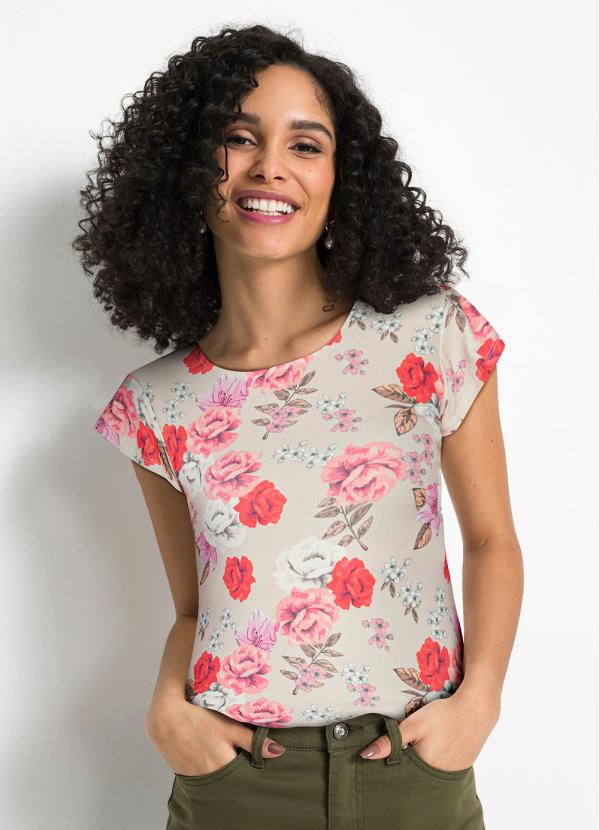 Blusa Manga Curta Decote Redondo (Floral Bege)