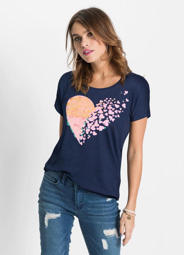 T-Shirt de Coração com Lantejoula (Azul Marinho)