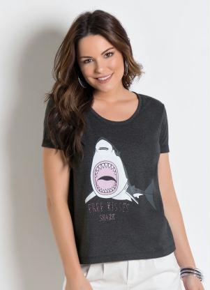 T-Shirt Estampa Tubaro e Strass (Chumbo Mescla)