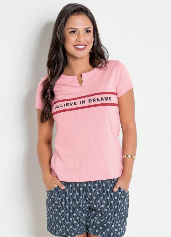 T-Shirt (Rosa) com Estampa Frontal e Recorte
