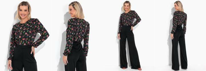 Blusa Floral Preta com Mangas Longas com Punho