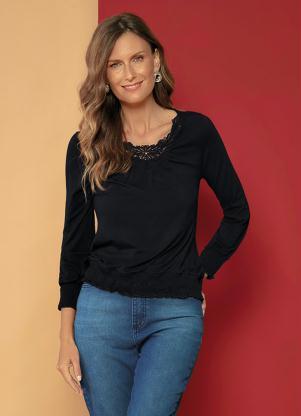 Blusa Mangas Longas e Decote com Renda (Preto)