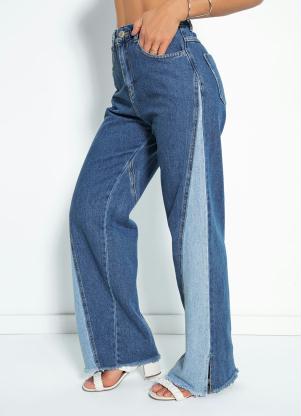 Calça (Jeans) Wide Leg com Recorte e Fenda Sawary