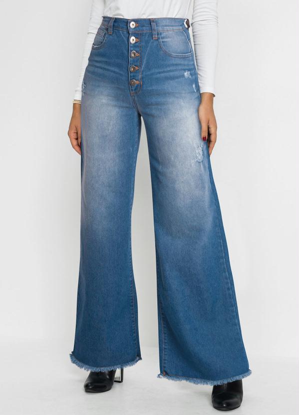 Calça Jeans Wide Leg Cintura Alta (Azul)
