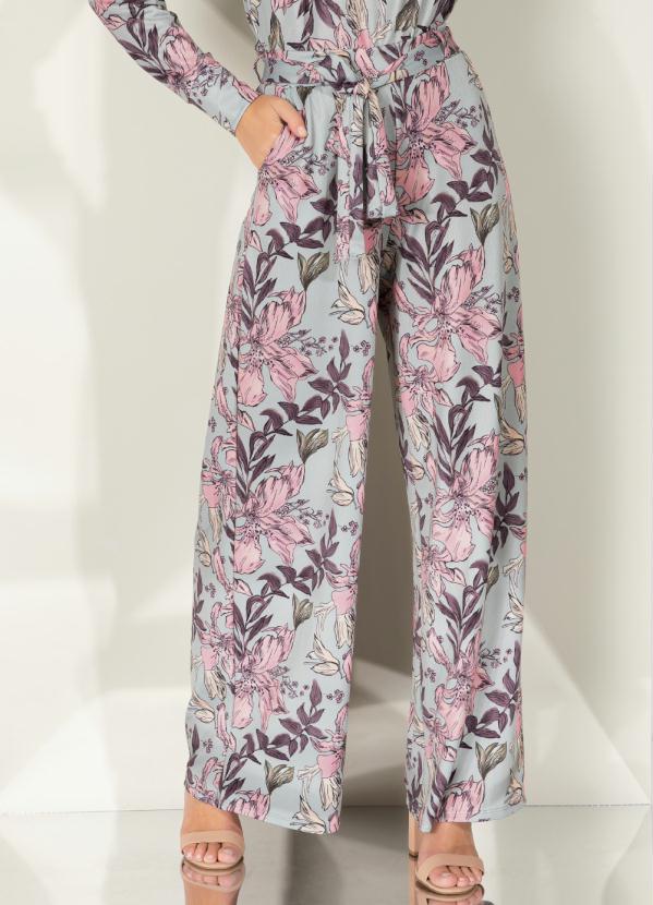 Calça Pantalona (Floral Cinza) com Bolsos e Faixa