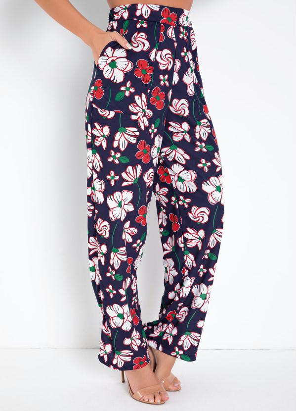 Calça Pantalona (Floral Marinho) com Bolsos