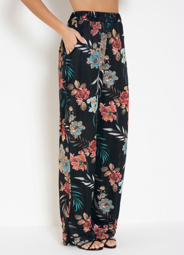 Calça Pantalona (Floral Preta) com Bolsos