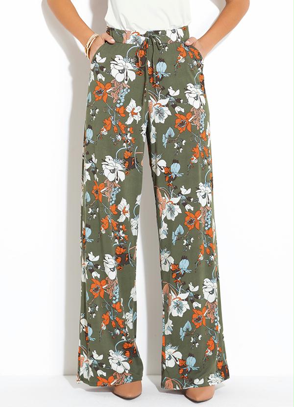 Calça Pantalona (Floral Verde) Cintura Alta