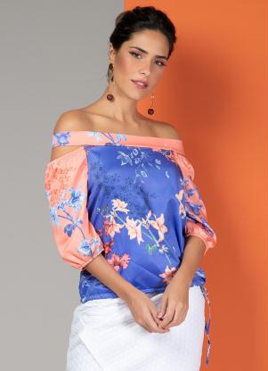 Blusa (Floral Bicolor) com Decote Ombro a Ombro