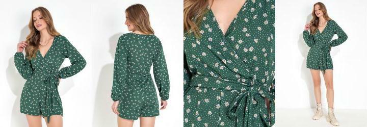 Macaquinho Floral Verde com Decote Transpassado