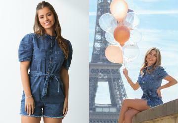 Macaquinho Jeans Mdio Mangas Bufantes e Faixa