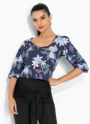 Blusa Floral Azul com Mangas Bufantes