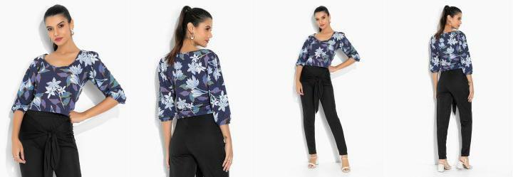 Blusa Floral Azul com Mangas Bufantes