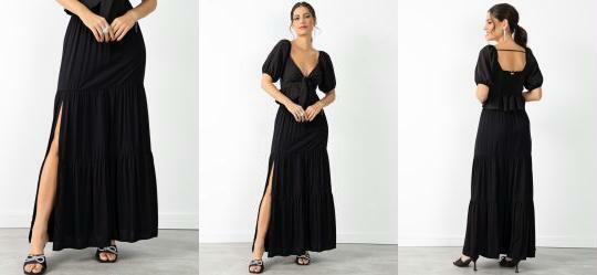 Saia Preta em Viscose Plana com Fenda