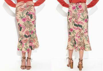 Saia Floral Nude com Babado