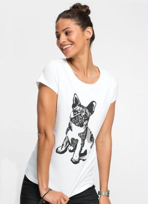 T-Shirt com Estampa Frontal de Cachorro (Branca)