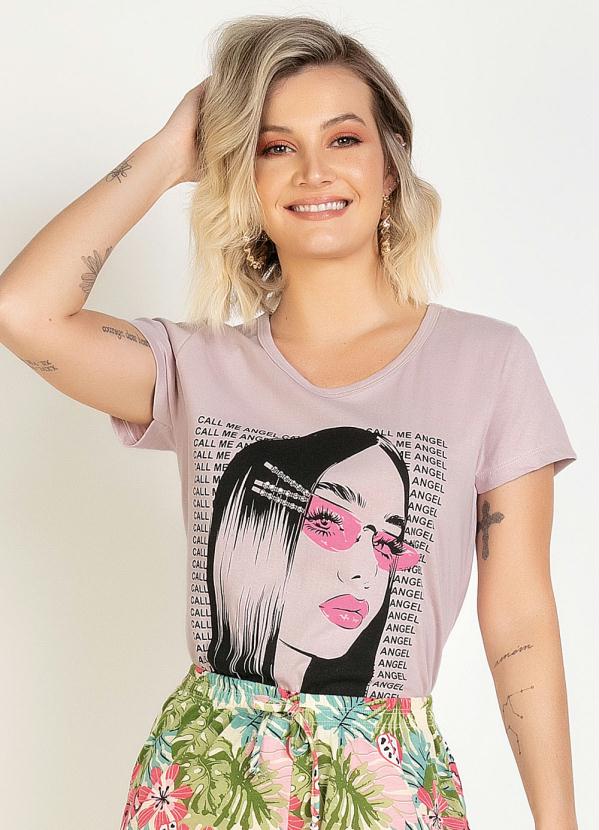 T-Shirt com Estampa Frontal e Strass (Rosa Antigo)
