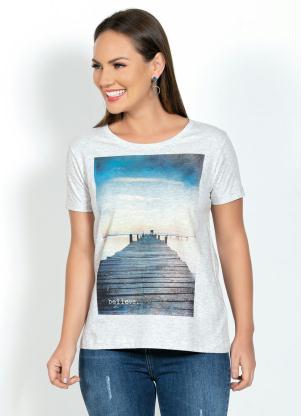T-Shirt com Estampa Frontal (Mescla Off)