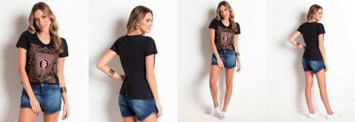 T-Shirt Preta com Estampa Frontal de Glitter