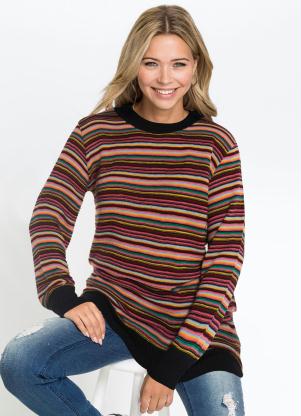 Suéter de Tricô Alongado (Listrado Preto)