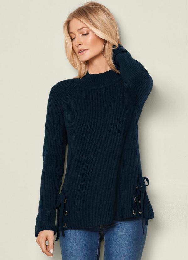 Suéter de Tricô com Amarração (Azul Marinho)