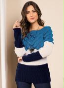 Suéter em Tricô Azul/Off White/Marinho 