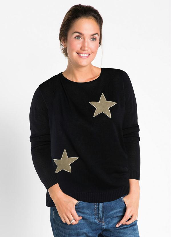 Suéter Tricô com Estrelas Mangas Longas (Preto)
