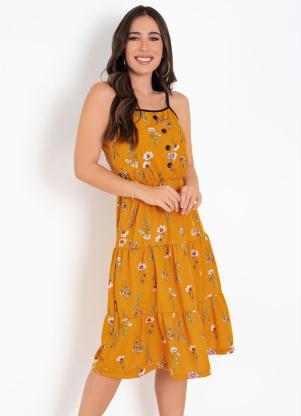 Vestido (Floral Amarelo) com Recortes e Alas