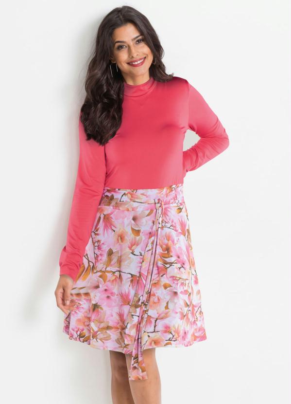 Vestido Gola Alta com Amarrao (Floral Rosa)