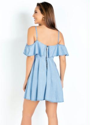 vestido jeans com babado no ombro