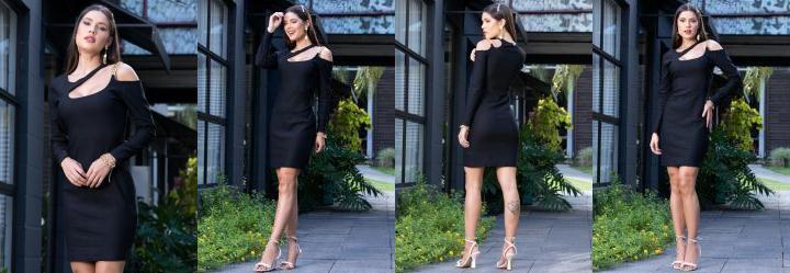 Vestido Preto com Vazado e Corrente no Ombro