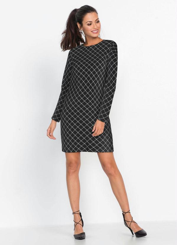 Vestido Tubinho Mangas Longas (Xadrez Cinza)