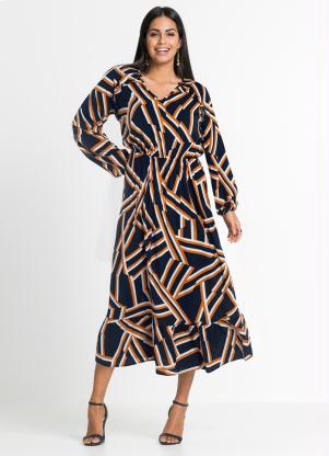 Vestido com Babados Estampado (Geomtrico Azul)
