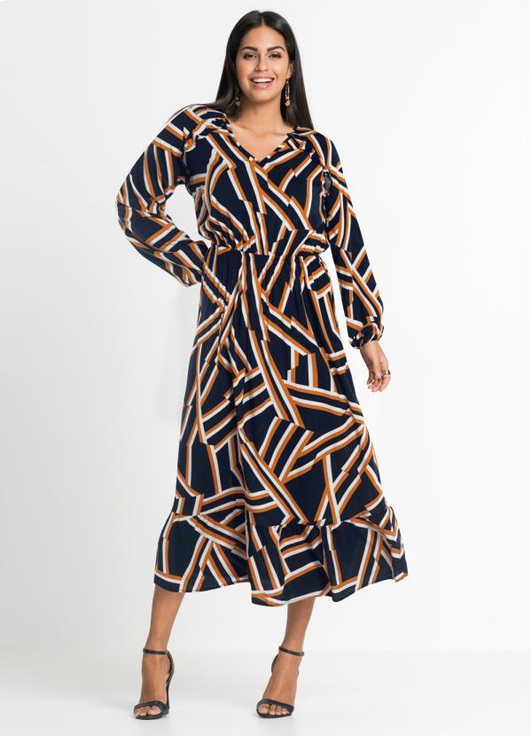Vestido com Babados Estampado (Geomtrico Azul)