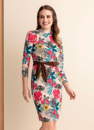 Vestido Floral Nude com Faixa Moda Evangélica Soulojista