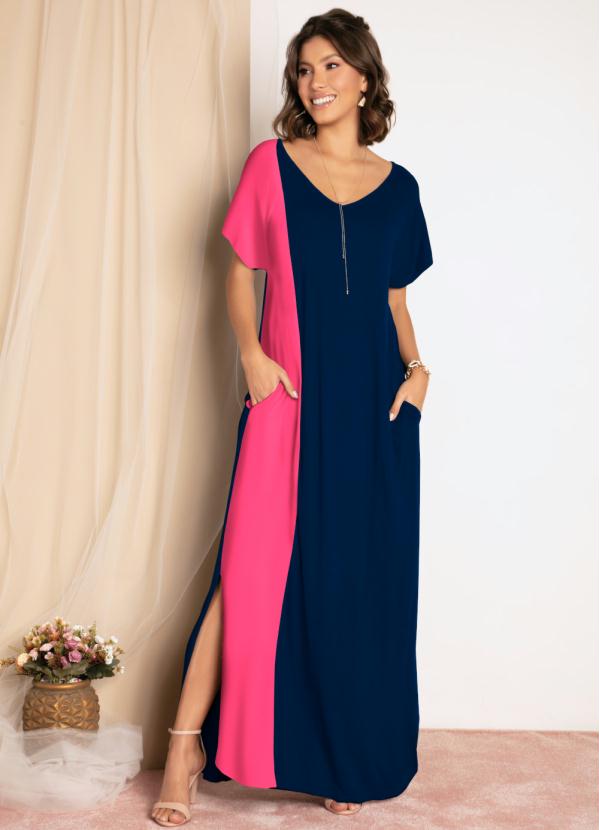 Vestido Longo com Recorte Vertical (Azul e Pink)