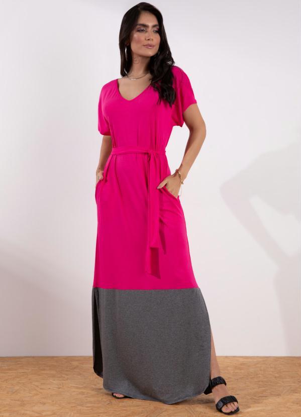 Vestido Longo (Pink e Chumbo) com Fendas e Bolsos