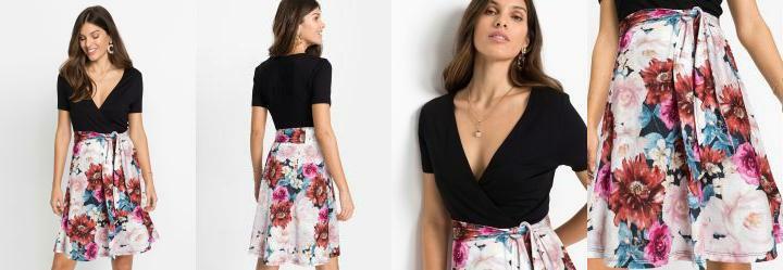 Vestido com Amarrao Preto e Floral Branco
