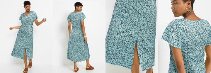 Vestido Decote V Manga Curta Floral Azul