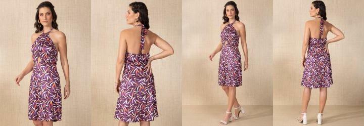 Vestido Abstrado Roxo com Transpasse no Busto