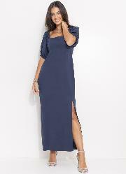 Vestido Azul Marinho em Viscose Plana Sarjada