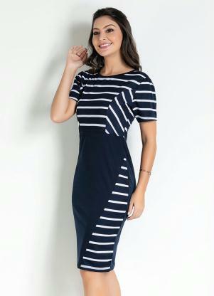Vestido com Recorte (Listras Azul) Moda Evanglica