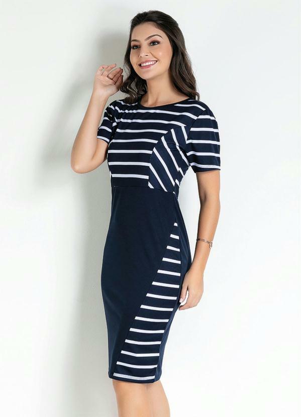 Vestido com Recorte (Listras Azul) Moda Evanglica