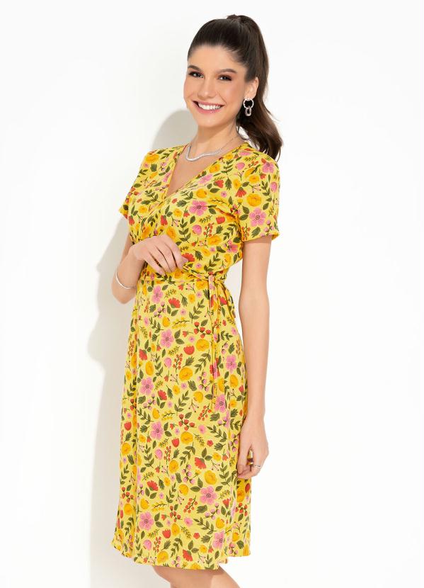 Vestido(Floral Amarelo) Transpasse Moda Evanglica