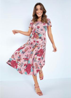 Vestido (Floral Rosa) com Faixa Moda Evangélica