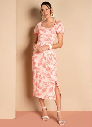 Vestido Midi (Folhagem Rosa) com Decote Quadrado