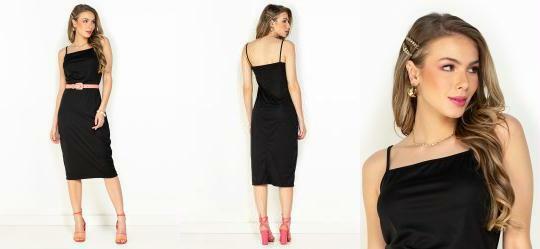 Vestido Preta Junto com Alas e Decote Reto